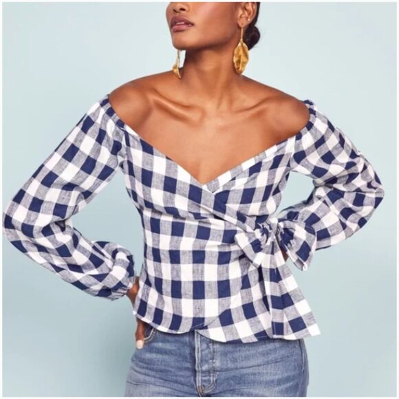 Reformation Hart Wrap Top Blue White Gingham Print Linen Small - Picture 2 of 8
